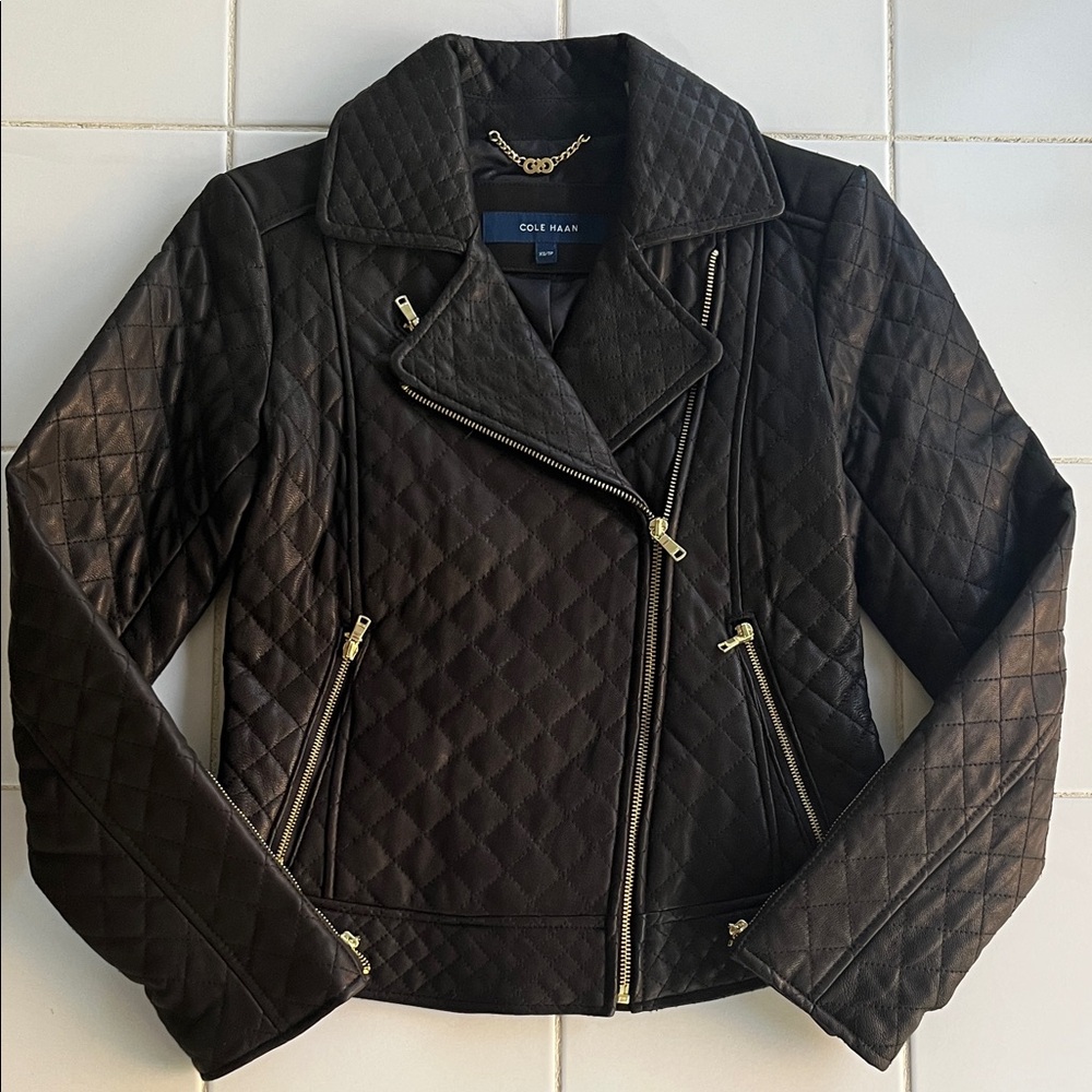 Cole Haan Women's Quilted Leather Jacket with Gold Zippers